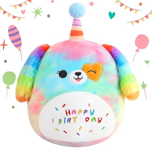 SQEQE Happy Birthday Stuffed Animal Rainbow Dog Soft Toys Cute Plush Pillow Unicorn Dog Plush Toy for Kid Girl Boy 35CM