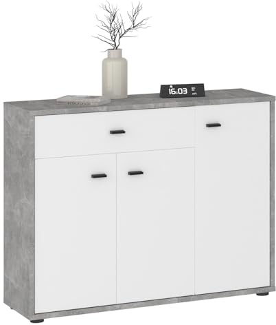 IDIMEX Kommode Vika Betonoptik/weiß - schmale Flurkommode mit Schublade und 3 Türen, ideal für schmale Räume Kommode mit Stauraum Schwarze Griffe
