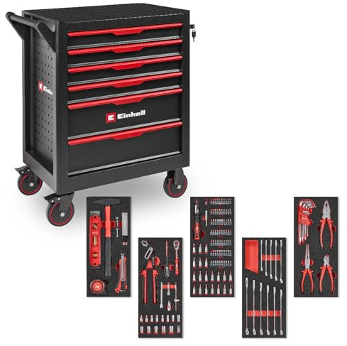 Einhell 149-tlg. Werkstattwagen | 25-mm-Bits | Ringgabelschlüssel | Steckschlüssel-Set | Umschaltknarre | Zangen | Schlosserhammer | Wasserwaage | Maßband