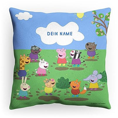 PICANOVA Peppa Wutz Kissen mit Name - Weiches Plüsch Dekokissen 30x30cm mit Füllung - Personalisiertes Peppa Wutz Kopfkissen für Kinder - Individuell Geschenk für Kinder -Freunde in Pfützen