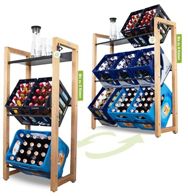 bevo - Getränkekistenregal für 2-6 Kisten aus Eiche Holz inkl. Metall-Ablage - Getränkeregal & Kistenregal mit 2 Stangenlängen (individuell verstellbar) - Getränkekisten Regal für Getränke & Kästen