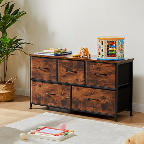 DUMOS Kommode mit Schubladen - Kommoden & Sideboards für Schlafzimmer Geeignet, Komodenschrank mit 5 Schubladen, Stoffkommode mit Stabilem Stahlrahmen, Ideal für Schlafzimmer, Wohnzimmer(Vintagebraun)