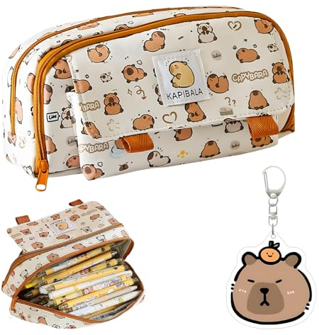 AXERHK Capybara Federmäppchen, Federmäppchen Mädchen Jungen, Süß Federmappe Groß mit Anhänger, Schulsachen, Stoff Schlampermäppchen, Mehrlagiges Federmäppchen mit Reißverschluss