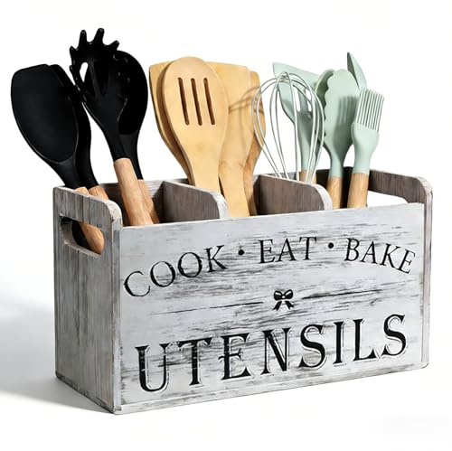 VANEME Utensil Holder,Wooden Utensil Holder for Kitchen Counter, Cooking Utensil Organizer with 3 Compartments,Utensil Crock for Silverware Spoon Spatula