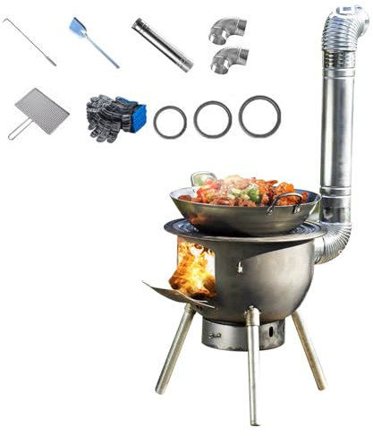 Wood Stove for Outdoor Cooking, Camping Stove, Detachable Firewood with Chimney Pipes, Burning Mobile Heavy-Duty Rocket Indoor/Outdoor Heater