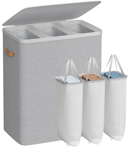 SONGMICS Laundry Basket with Lid, 190 L Triple Compartment, Removable Liner