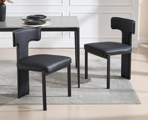 DAYALANE Esszimmerstühle 2er Set, Küchenstuhl Polsterstuhl mit Metallbeine aus PU Kunstleder, T-Förmige Gebogene Rückenlehne Wohnzimmerstuhl für Esszimmer Wohnzimmer Küche Schlafzimmer, Schwarz