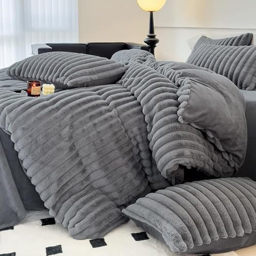 Covebett Plüsch Bettwäsche 135x200 Grau Dunkelgrau Winter Warm Shaggy Cashmere Touch Flauschig Plüschbettwäsche Gestreift Felloptik Luxus Wende Bettbezug Reißverschluss und Kissenbezug 80x80 cm