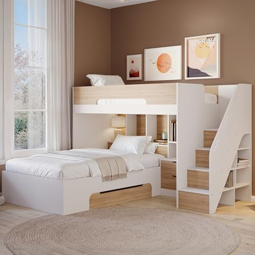 Flair Furnishings - Triple Bunk Beds for Kids, Staircase Bunk Bed with Storage, Heavy Duty, Integrated Shelves and Drawers, Sleek and Stylish (White & Oak)