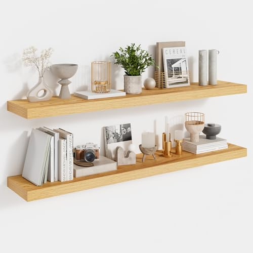 Feihorrm Vägghylla Beige, 2 svävande hyllor, 90 cm, vägghylla med osynliga hållare, trävägghylla för kontor, badrum, sovrum, kök och vardagsrum
