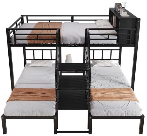 MUZHIXIANG Lit superposé en fer avec trois places de couchage et escalier stable, lit en métal robuste avec mains courantes, sommier à lattes et espace de rangement intégré pour chambre d'enfant et