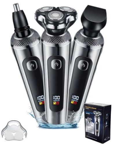 Rasoio Uomo 6 Lame, Tagliacapelli e Rifinitore Naso 3 in 1, IPX5 per Doccia, Doppio Motore, Rasoio Elettrico Uomo con Indicatore Batteria LED, Kit di Lusso per Grooming