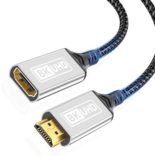 0,5 m, 8K HDMI-förlängningskabel @60 Hz 4K @144 HZ HDMI 2.1 förlängningskabel hane till hona 48 Gbps ultrahög hastighet UHD HDCP dynamisk HDR10+ eARC kompatibel med PS5/PS4 TV-stick HDTV-projektor