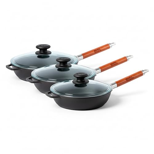 BIOL Gusseisen Pfannen Set 24 cm + 26 cm + 28 cm mit Glasdeckeln – 3-teilig – Mit abnehmbaren Holzgriffen – Für Induktion, Gas, Ceran, Grill & Backofen geeignet (Set 24/26/28 cm + Deckel)