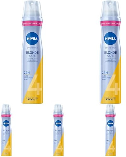 NIVEA Blonde Care Styling Spray, stärkendes Haarspray mit Panthenol & Vitamin B3, Haarlack für strahlend blondes Haar & 24h Halt (Haltestufe 4), veganes Pflegespray (250 ml) (Packung mit 5)