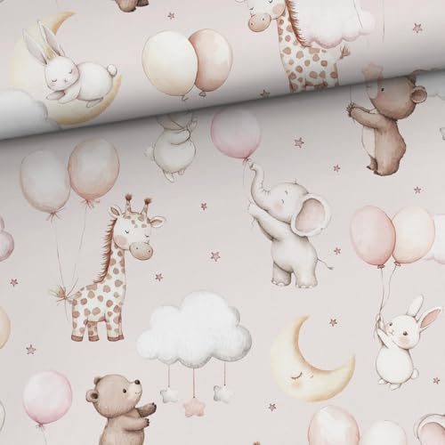 je 50cm Baumwollstoff in Meterware zum Nähen - Kinder Tiere Stoffe zum Nähen - Kinderstoffe & Babystoffe - Hase Giraffe Elefant Bär Mond Wolken - pastell Meterware Baumwolle Freude Mondliebe
