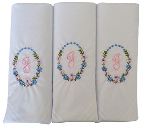 3er Pack Damen/Damen bestickt Initialen Taschentücher mit weißem Satin Rand, J