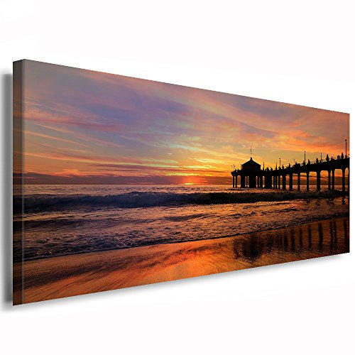 Julia-Art Leinwandbilder - Steg mit Ausblick Sonnenuntergang Meer Panorama - 80 mal 30 cm Leinwand auf Rahmen - sofort aufhängbar Wandbild XXL - Kunstdrucke QN160-2
