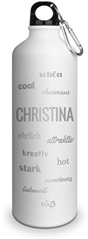 Trinkflasche mit Namen Christina - graviert mit Positive Eigenschaften, Aluminiumflasche mit Gravur, Sportflasche - matt weiß