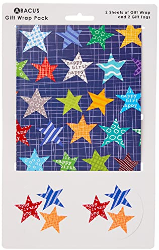 Abacus Cards 03465A Star Repeat Gift Wrap Pack with 2 Sheets & 2 Tags, Plastic Free & FULLY RECYCLABLE, multicoloured
