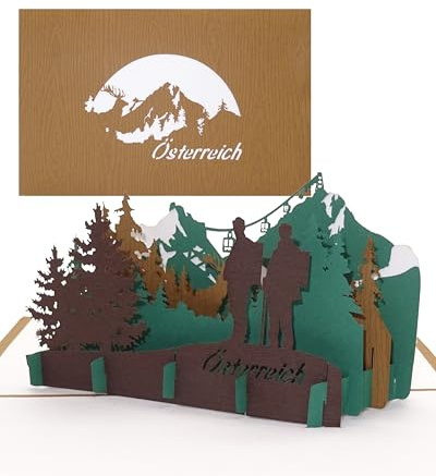 3D Pop Up Karte „Panorama Österreich – Berglandschaft mit Großglockner“ - Edle Grußkarte & Souvenir – Spezialpapier mit Holzmaserung – Reisegutschein, Souvenir & Einladungskarte
