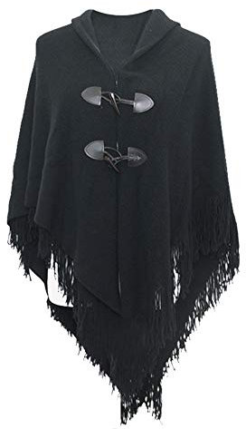 UK_Stone Poncho-Schal Damen Cape Trachtentuch Umhang Stola Schultertuch aus Acrylic Unifarbe mit Hornschnalle, Schwarz
