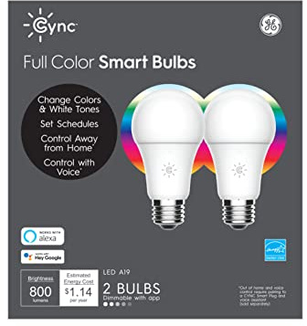 GE CYNC Smart LED Light Bulbs, Color Changing, Bluetooth Enabled, Christmas Lights and Holiday Décor, Compatible with Alexa and Google (2 Pack)