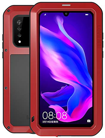 FONREST Ganzkörper Hülle für Huawei P30 Lite, Love MEI 6,15-Zoll Schwerlast Hybride Aluminium Metall Stoßfest Schneesicher Staubdicht Case mit Hartglas, Unterstützt Wireless Charging (Rot)