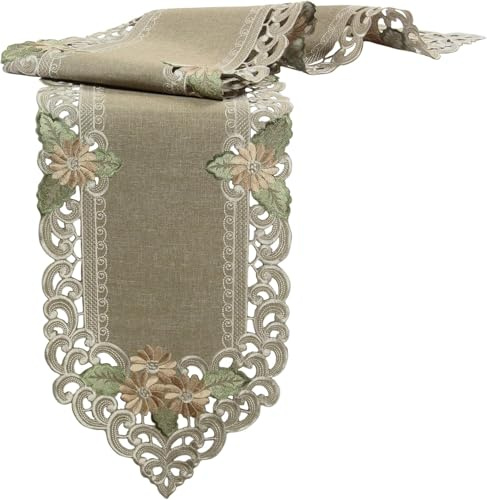 Tischband Tischläufer Leinen-Optik Blumen Stickerei ca. 30x160 cm Polyester, Grün-Beige