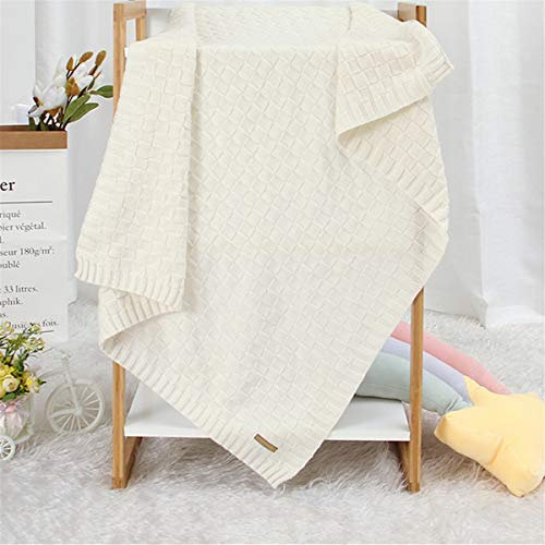 Surwin Strickdecke Babydecke Kuscheldecke Baumwolle, Mädchen und Jungen Babys Gestrickt Kinderdecke Freien Krabbeldecke Perfekt für Kinderwagen Babybett (80x100cm,Weiß)