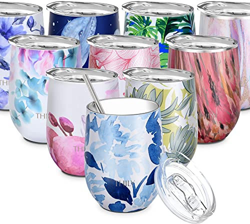 THILY Weinglas mit Deckel und Strohhalm, isoliert, 340 ml, dreifach wandig, isoliert, Edelstahl, hält kalt oder heiß für Wein, Kaffee, Cocktails und Getränke，Blauer Ahorn