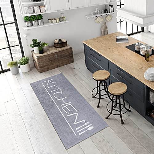 Pasha Home Küchenteppich, Flurläufer Waschbar bei 30°C, rutschfest, Pflegeleicht - Teppich für Küche, Eingang, Wohnzimmer - Kitchen-Grau, 80 x 200 cm
