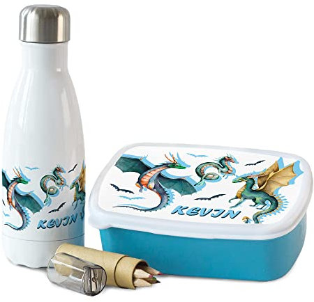 GRAZDesign Drachen Brotdose und Trinkflasche Set für Jungen personalisiert mit Namen aus Edelstahl 350ml | Geschenk zur Einschulung