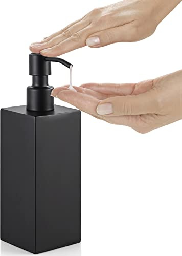 HANFU Seifenspender, Edelstahl Spülmittelspender 350ml Nachfüllbarer | Leicht zu Drücken Pumpflasche Freistehender, Flüssigseifenspender Lotionsflasche für Küche Bad, 6x6x20.5cm, Schwarz