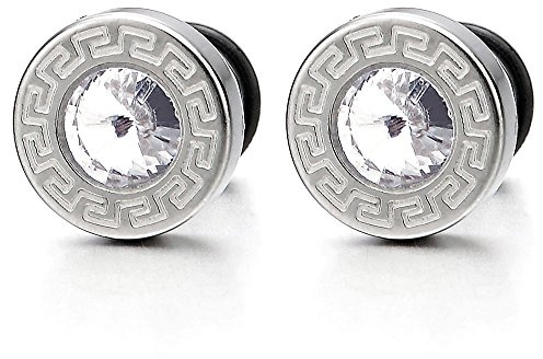 Herren Ohrringe mit 4MM Zirkonia und Griechischen Schlüsselmuster Edelstahl Ohrstecker, Schraube Wieder, 2 stück