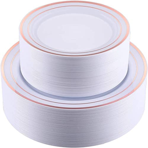 LATERN 60 Pezzi Stoviglie in Plastica Oro Rosa, 30 Piatti Piani da 26cm + 30 Piatti per Insalata da 19cm, Piatti di Plastica Riutilizzabili per Festa di Dessert Giardino Anniversario Matrimonio