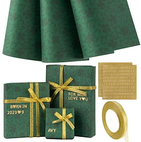 3PCS Papier d'Emballage Vert 50 x 70cm + Autocollant du Lettre + Ruban de Soie Or pour Cadeau Emballage Mariage Naissance Anniversaire Fête Halloween Carnaval
