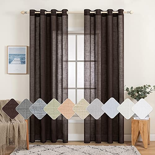 MIULEE Tende Lino Trasparenti Caffè con Occhielli, 2 Pannelli 140L x 300A cm - Tende Soggiorno & Camera da Letto Filtranti Luce per Interni