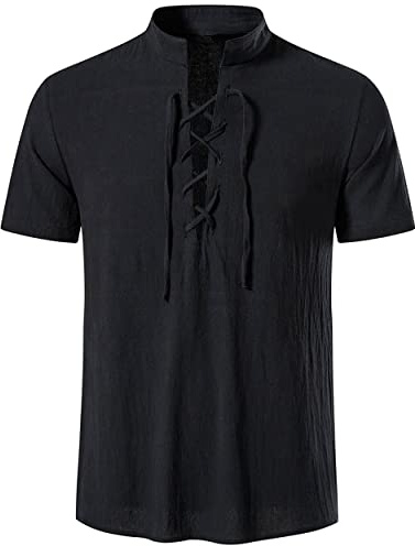 LUYANA Herren Mittelalter Kostüm Leinenhemd Kurzarm Shirt | Herren Hemd Mittelalterliches Schnürhemden, Wikinger Hemd, Piraten Vintage Kostüm Tops, Urlaub, Freizeit, Festlich