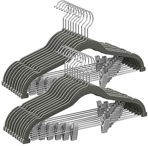 SONGMICS Kleiderbügel Samt, 20er Set, Rockbügel, 42,5 cm breit, mit verstellbaren Clips, rutschfest, platzsparend, für Hosen, Mäntel, Kleider, grau CRF012G20