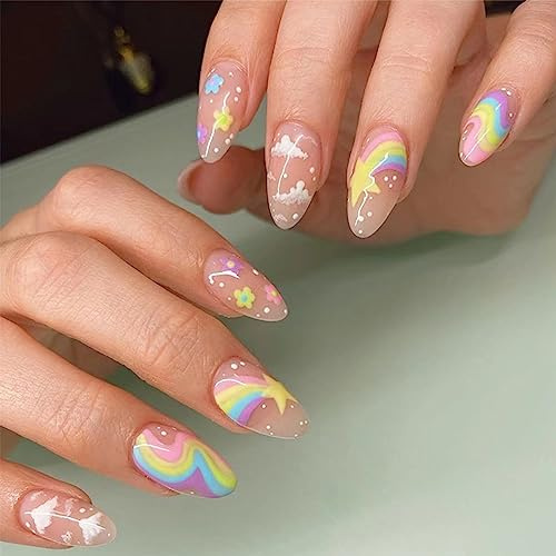 TMUT 24pcs Short Almond False Nails Rainbow Stick on Nails Star Design Press on Nail Removable Glue on Full Cover Fake Nail Art Accessories for Women, Variety Pack