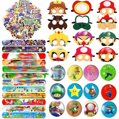 Mitgebsel Kindergeburtstag, 86 Pcs Mitgebsel Spielzeug Geburtstagsdeko 12 Masken 12 Abzeichen 12 Schnapparmband Kinder 50 Aufkleber Geburtstag Deko Spielzeug Set Festival Zubehör Gadget Kinder