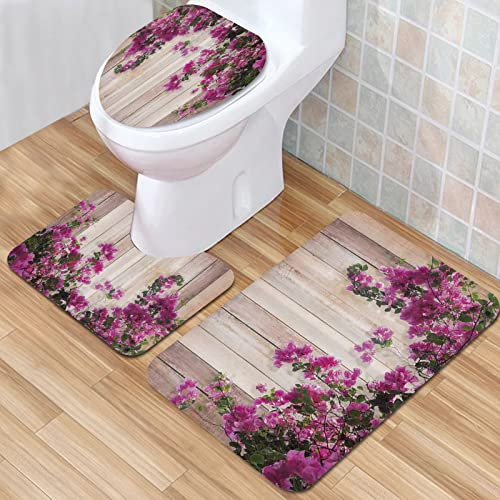 IUBBKI Badematte, Badezimmer Anti-Rutsch-Matte, Blume Rosa Bougainvillea Blume mit Blättern auf Holz Hintergrund, Badematten-Set 3-teilig, saugfähig, rutschfest, Badematte, WC-Vorleger, Badteppich