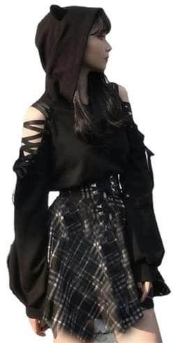 AllMonyba Sudadera con Capucha Sudadera con Capucha Oversize Sin Hombros Hueco Gótico Punk Jersey de Manga Larga para Mujer