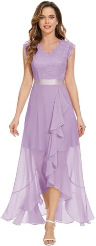 Dressystar Wedding Dress V Neck Lace Chiffon Dresses for Women Swing Dresses for Women UK Ruffle Dress Purple Maxi Dress AUP7050 Lavender 2XL