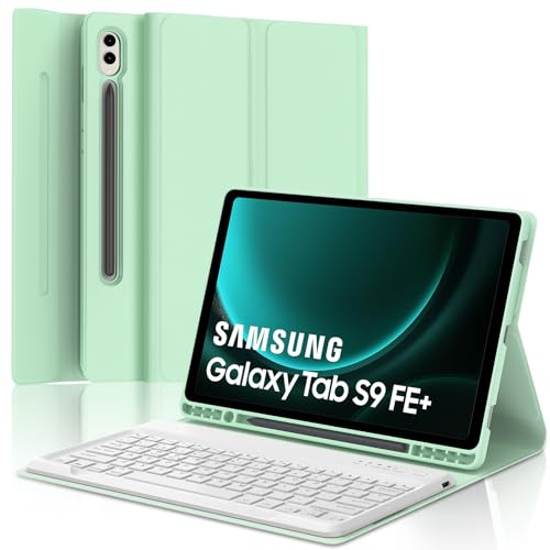 Funda Teclado para Samsung Galaxy Tab S9 Fe Plus/S9 FE+/S9+/S10 Plus 12.4 | Capa Keyboard, QWERTY Español Ñ, Bluetooth Magnético Desmontable Teclado con Portalápices, Verde claro