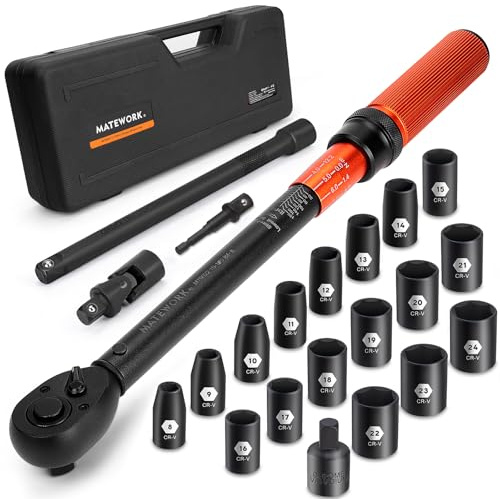 1/2-Inch Drive Torque Wrench Set 22PCS, 10-180FT.LB/13.6-244.1Nm, Click Torque Wrench Socket Set, 72-Tooth Dual-direction, ±3% Precision Adjustable Torque Wrench for Lug Nut, Bicycle, Moto, Car