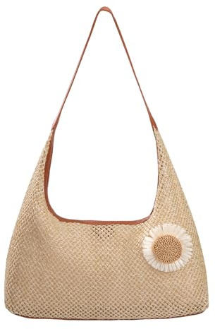 ZLLkeji Sac de Plage en Crochet pour les Femmes Sacs de Plage en Paille pour l'été Sac à Bandoulière Pliable de Grande Capacité pour les Vacances de Nique.