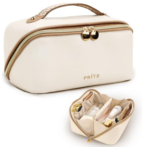 Prite Große Kapazität Kosmetiktasche Tragbare Reise Make Up Tasche wasserdichte PU-Leder Schminktasche oder Kulturbeutel mit Transparente Trenner und Griff(Beige)