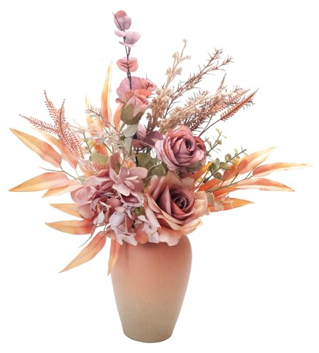 Yorkmills Artificial Roses with Vase, Silk Fake Hydrangea, Autumn Flowers Bouquets Fall Flower Arrangment Spring Autumn Decor Suitable for Home, Office Table Centerpieces Decorations